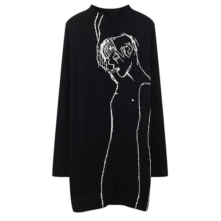 Fashion Black Abstract Portrait Knit Blouse High Neck Plus Size Clothing Knitwear - bagstylebliss