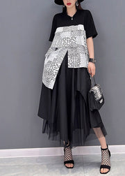 Fashion Black Asymmetrical Design Patchwork Tulle vacation Dress Short Sleeve