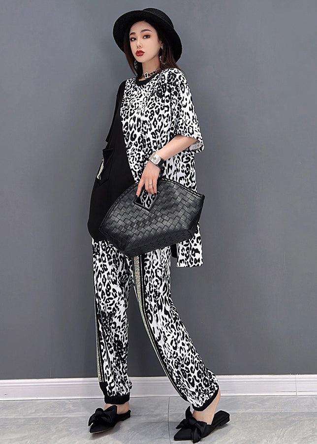 Fashion Black Asymmetrical Patchwork Leopard Print Cotton Two Pieces Set Summer