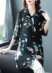 Fashion Black Button Peter Pan Collar Print Long Chiffon Shirt Tops Half Sleeve