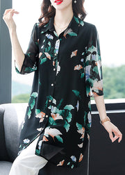 Fashion Black Button Peter Pan Collar Print Long Chiffon Shirt Tops Half Sleeve