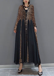 Fashion Black Button V Neck Patchwork Leopard Chiffon Maxi Dress Spring