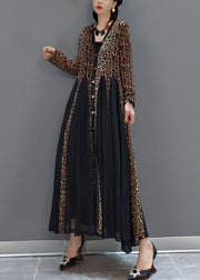 Fashion Black Button V-Ausschnitt Patchwork Leopard Chiffon Maxikleid Frühling