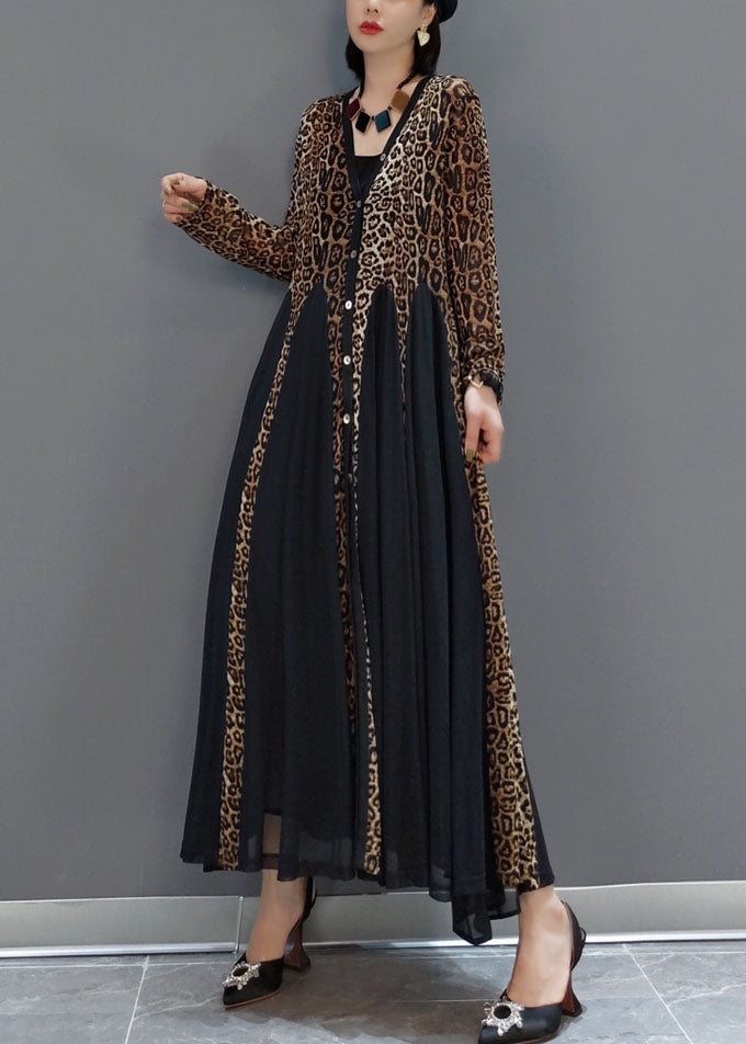 Fashion Black Button V-Ausschnitt Patchwork Leopard Chiffon Maxikleid Frühling