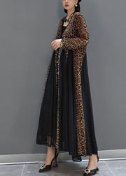 Fashion Black Button V-Ausschnitt Patchwork Leopard Chiffon Maxikleid Frühling