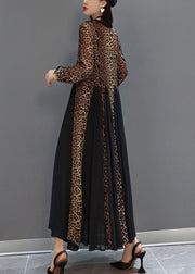 Fashion Black Button V Neck Patchwork Leopard Chiffon Maxi Dress Spring