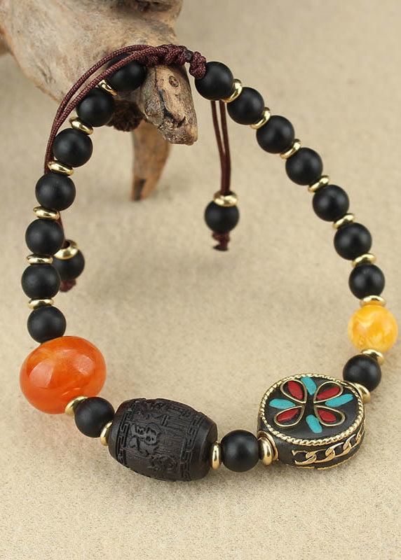 Fashion Black Coloured Glaze Pearl Beeswax Sandalwood Clover Charm Bracelet