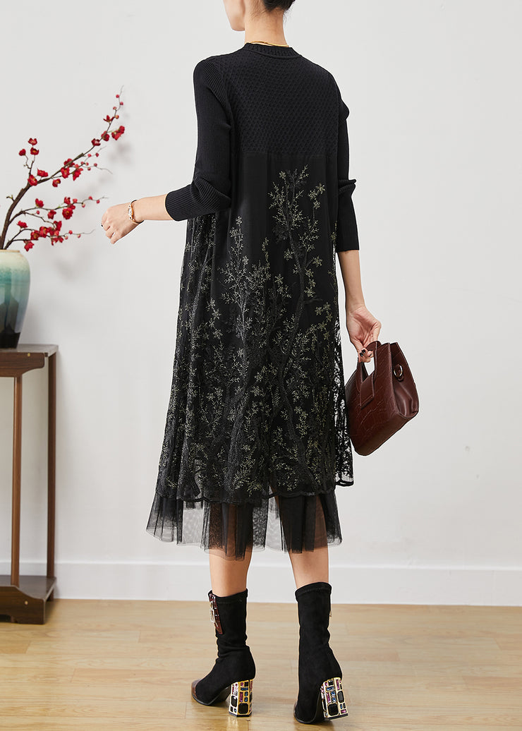 Fashion Black Embroidered Patchwork Knit Dresses Fall