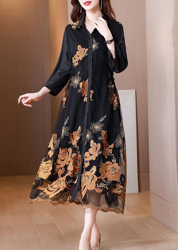 Fashion Black Embroidered Tie Waist Tulle Patchwork Shirts Long Dresses Fall