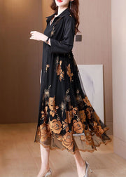 Fashion Black Embroidered Tie Waist Tulle Patchwork Shirts Long Dresses Fall