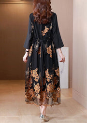 Fashion Black Embroidered Tie Waist Tulle Patchwork Shirts Long Dresses Fall