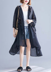 Fashion Black Hooded Cinched Ruffles Cotton Cardigan Summer