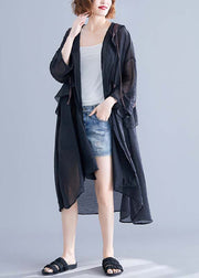 Fashion Black Hooded Cinched Ruffles Cotton Cardigan Summer