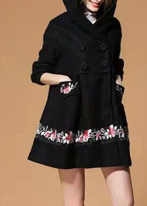 Fashion Black Hooded Embroideried Woolen Winter Coat