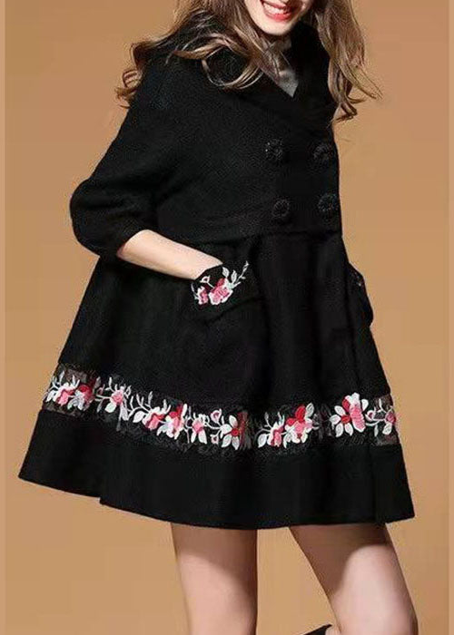 Fashion Black Hooded Embroideried Woolen Winter Coat