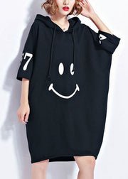 Fashion Black Hooded Smile Print Cotton Maxikleider Kurzarm