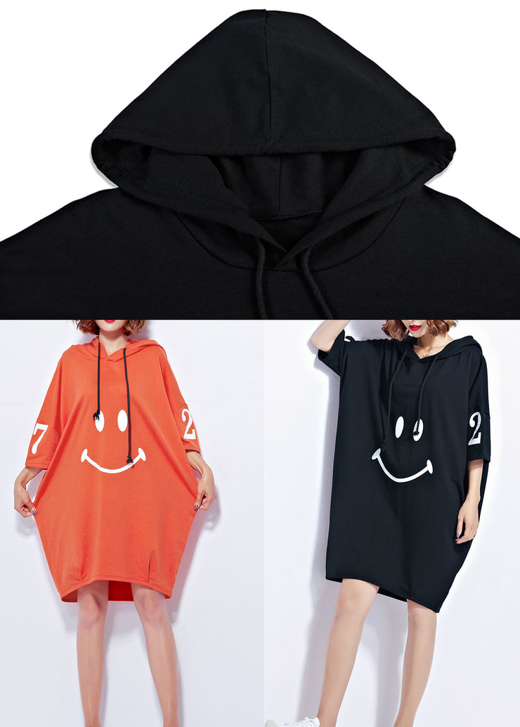 Fashion Black Hooded Smile Print Cotton Maxikleider Kurzarm