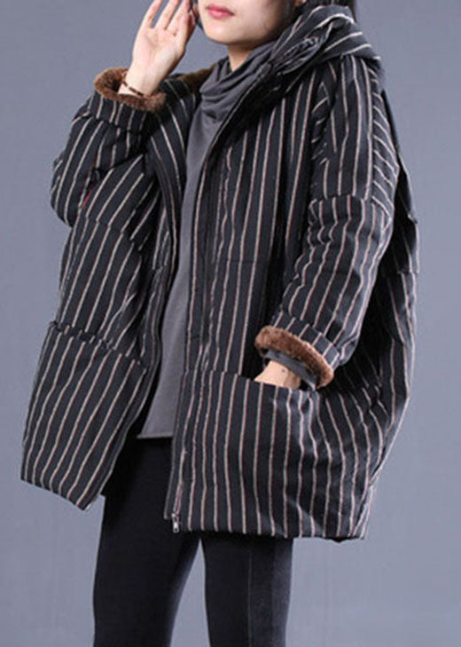 Fashion Black Hooded Striped Fine Cotton Filled Puffer Jacket Winter