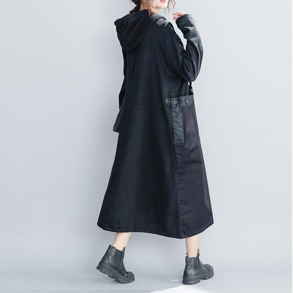 Fashion Black Hoodie Quilted Maxi Dresses Women Loose Clothes