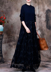 Fashion Black Lace Patchwork Knit Strickkleid Winter