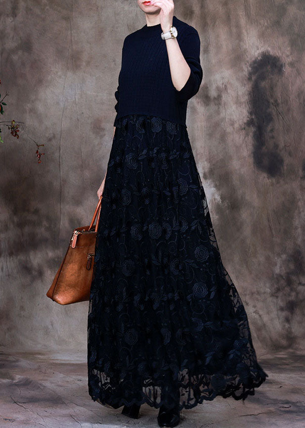 Fashion Black Lace Patchwork Knit Strickkleid Winter