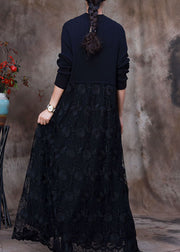 Fashion Black Lace Patchwork Knit Strickkleid Winter