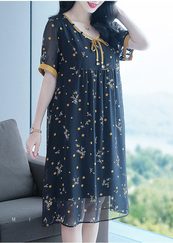 Fashion Black Lace Up Wrinkled Patchwork Print Chiffon Party Dress Short Sleeve