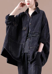 Fashion Black Loose Button Patchwork asymmetrisches Design Herbst Denim Langarm Bluse Tops