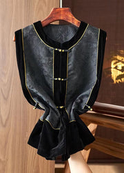 Fashion Black O-Neck Embroidered Silk Patchwork Waistcoat Sleeveless