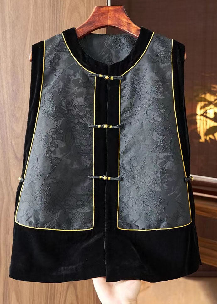 Fashion Black O-Neck Embroidered Silk Patchwork Waistcoat Sleeveless