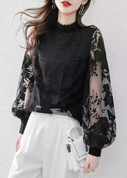 Fashion Black O-Neck Floral Lace Shirt Puff Sleeve