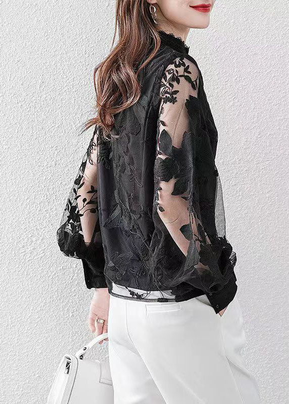 Fashion Black O-Neck Floral Lace Shirt Puff Sleeve