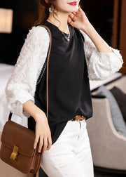 Fashion Black O Neck Patchwork Cotton Blouse Top Fall