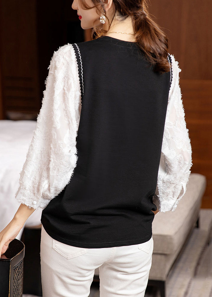 Fashion Black O Neck Patchwork Cotton Blouse Top Fall