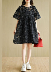 Fashion Black O-Neck Patchwork Floral Summer Half Sleeve Dress - bagstylebliss