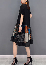 Fashion Black O-Neck Patchwork Tulle Mid Dresses Short Sleeve