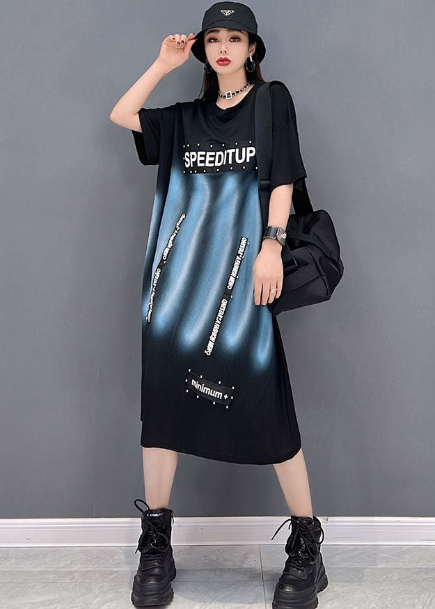 Fashion Black O-Neck Print Cotton Streetwear Kleid Kurzarm