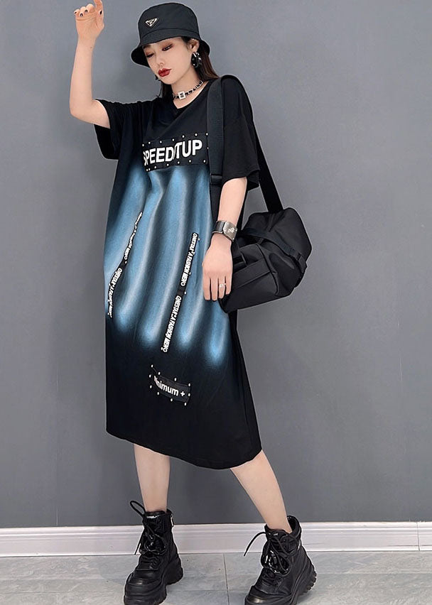 Fashion Black O-Neck Print Cotton Streetwear Kleid Kurzarm