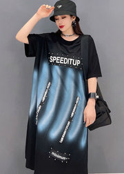 Fashion Black O-Neck Print Cotton Streetwear Kleid Kurzarm