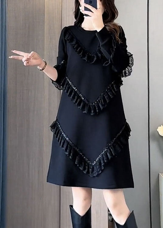 Fashion Black O-Neck Ruffled Patchwork Mid Dress Fall