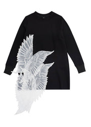 Fashion Black O-Neck Wing Embroideried Tulle Patchwork Cotton Mini Dress Long Sleeve