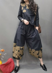 Fashion Black O-Neck Zippered Cotton Top And wide leg pants Two Pieces Set Spring