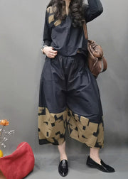 Fashion Black O-Neck Zippered Cotton Top And wide leg pants Two Pieces Set Spring