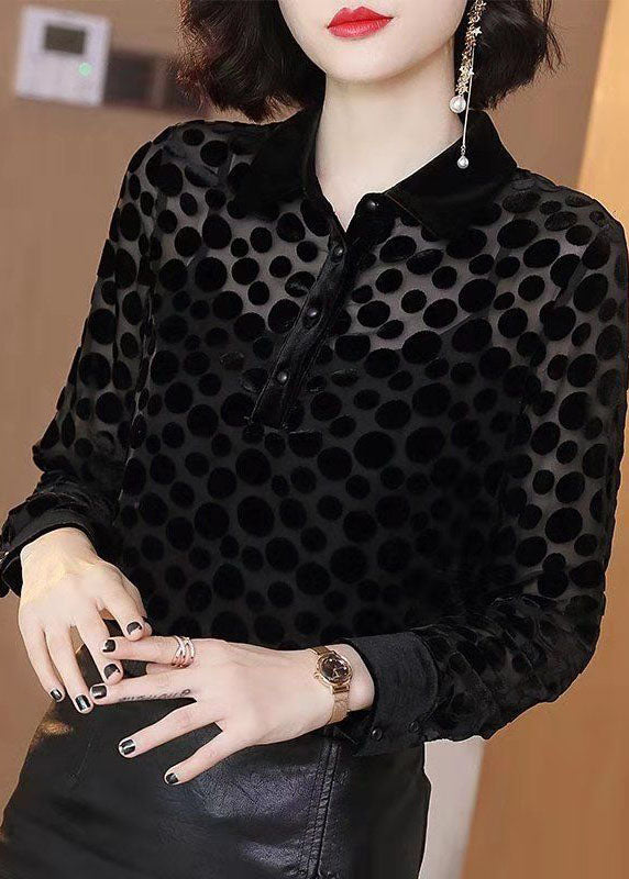 Fashion Black Peter Pan Collar Dot Hollow Out Silk Velour Shirt Tops Long Sleeve