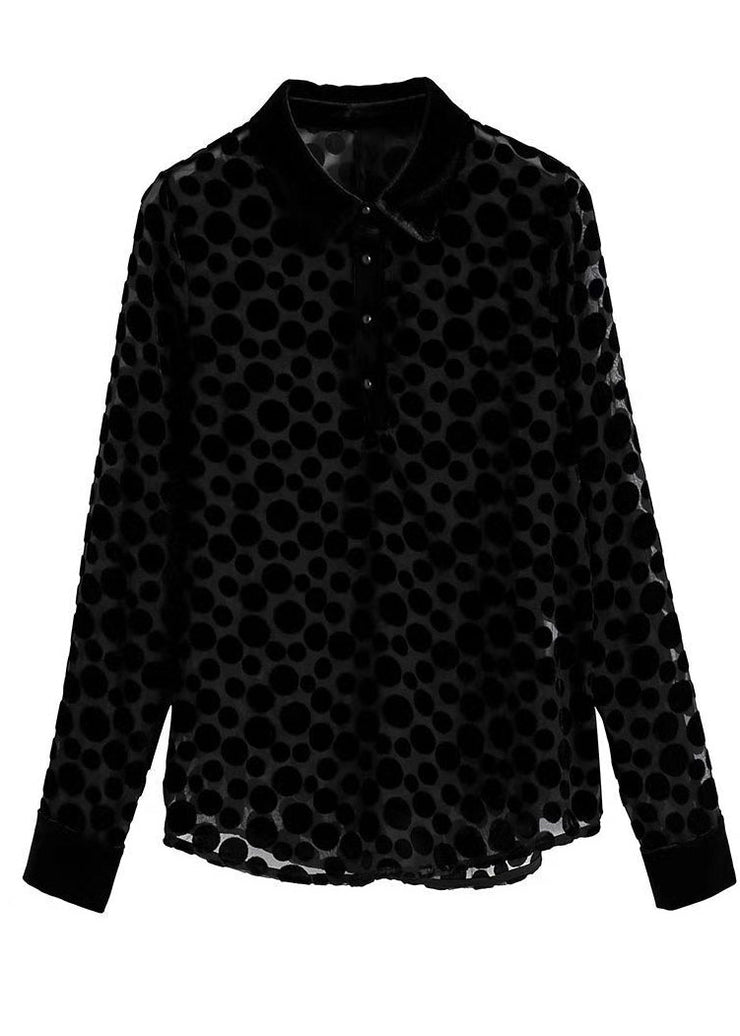 Fashion Black Peter Pan Collar Dot Hollow Out Silk Velour Shirt Tops Long Sleeve