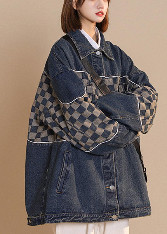 Fashion Black Peter Pan Collar Plaid Patchwork Button Cotton Denim Coat Fall