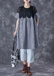 Fashion Black Plaid Patchwork Hollow Out Linen Dress Summer