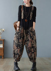 Fashion Black Pockets Button Print Patchwork Fall Pants