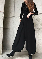 Fashion Black Pockets Cotton lantern Pants Spring