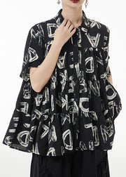 Fashion Black Print Wrinkled Patchwork Silk Shirt Short Sleeve